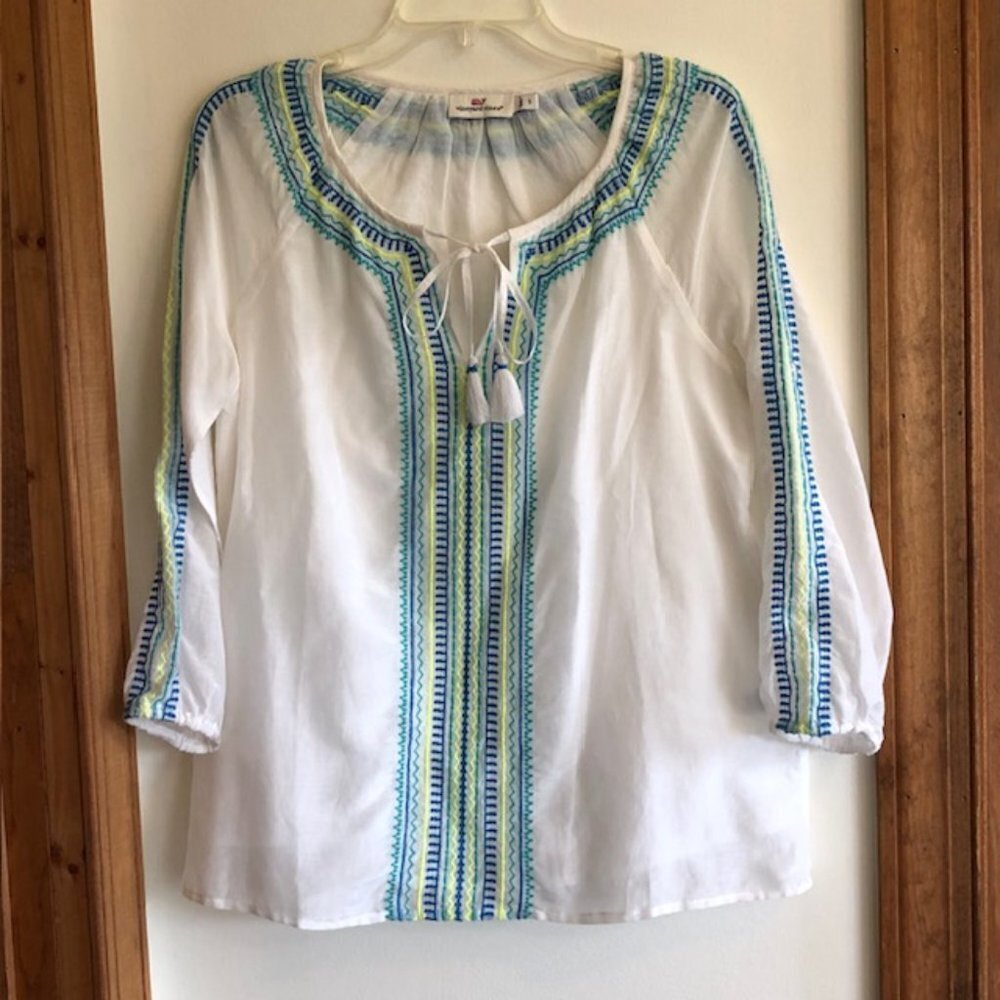 VINEYARD VINES White Embroidered Tassel Long Sleeve Top Small